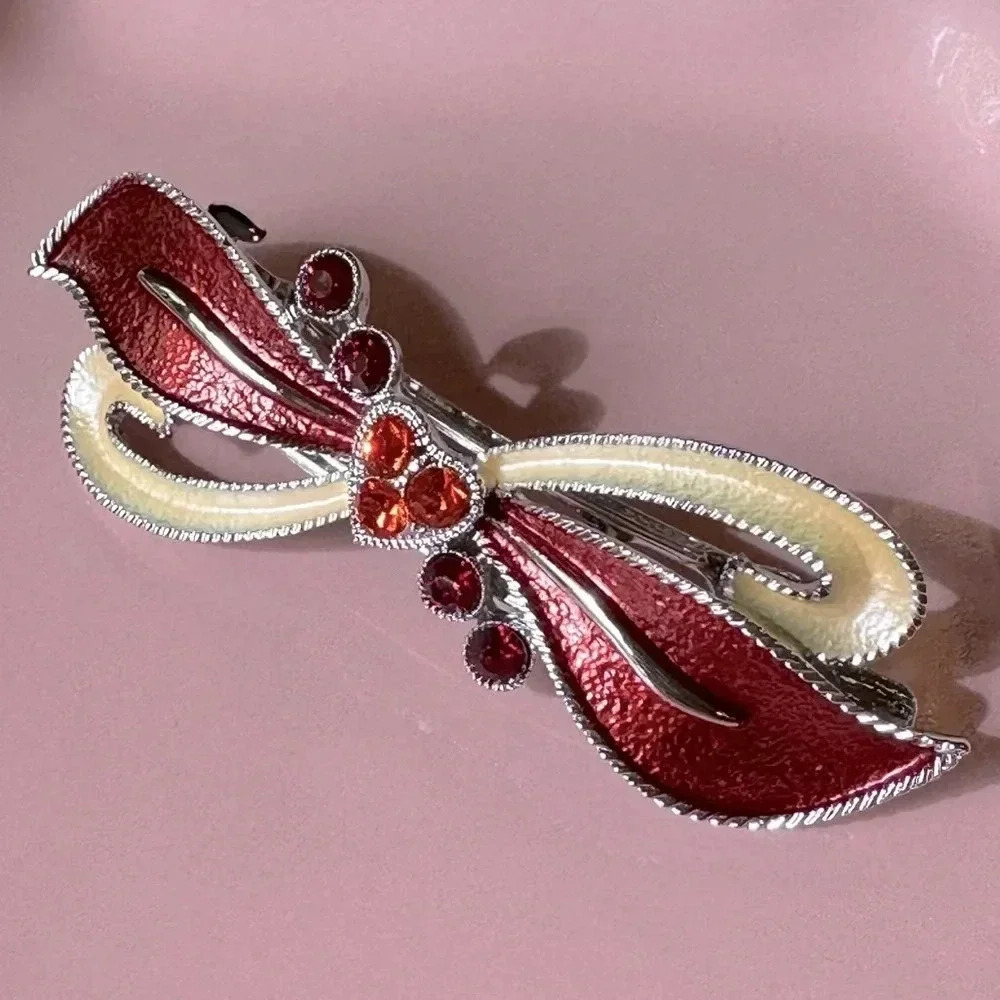 Red and Cream Enamel and Crystal Bow & Heart Hair Barrette - Picture 3 of 7